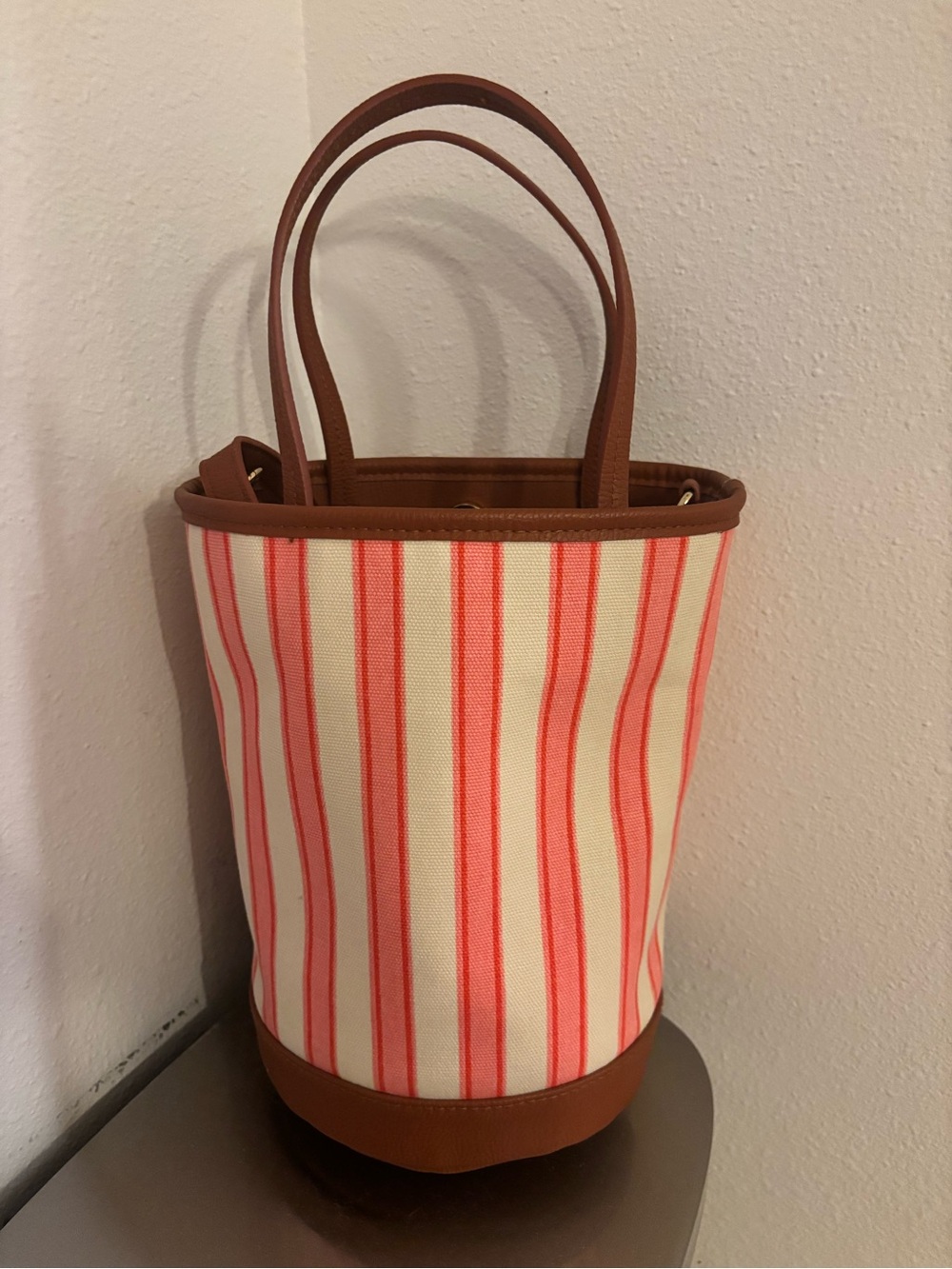 Target Coral and Cream Striped Bucket Tote with Brown Trim